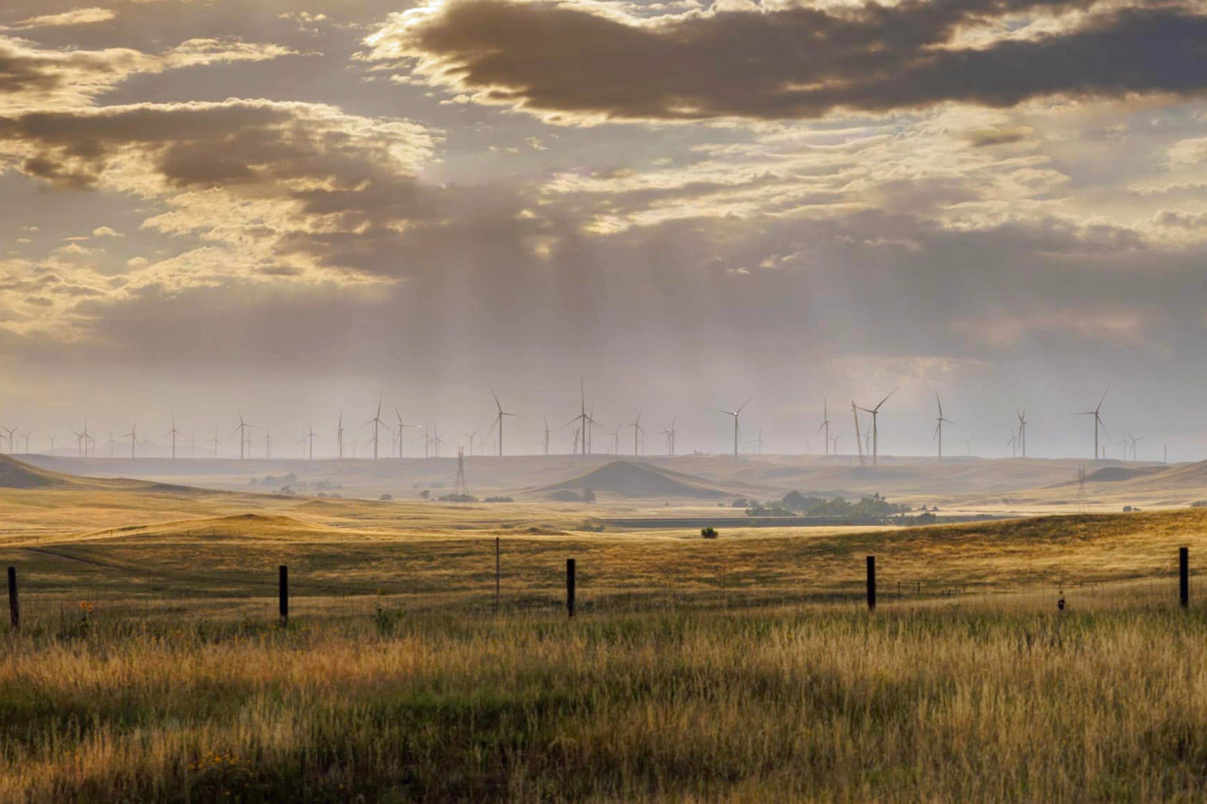 Wind turbines as viewed from Interstate 25 south of Cheyenne. August 2, 2023
