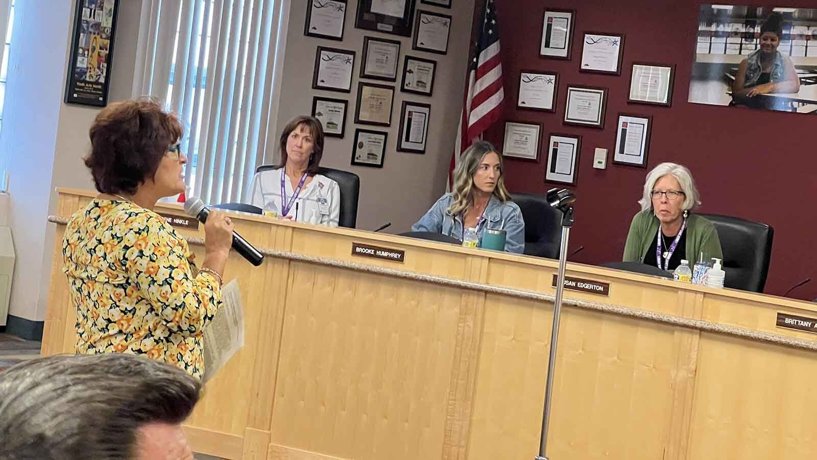 Carla Gregorio, a former principal in Laramie County School District 1, addresses the school board about the resignation of Superintendent Margaret Crespo amid allegations she created a hostile work environment.