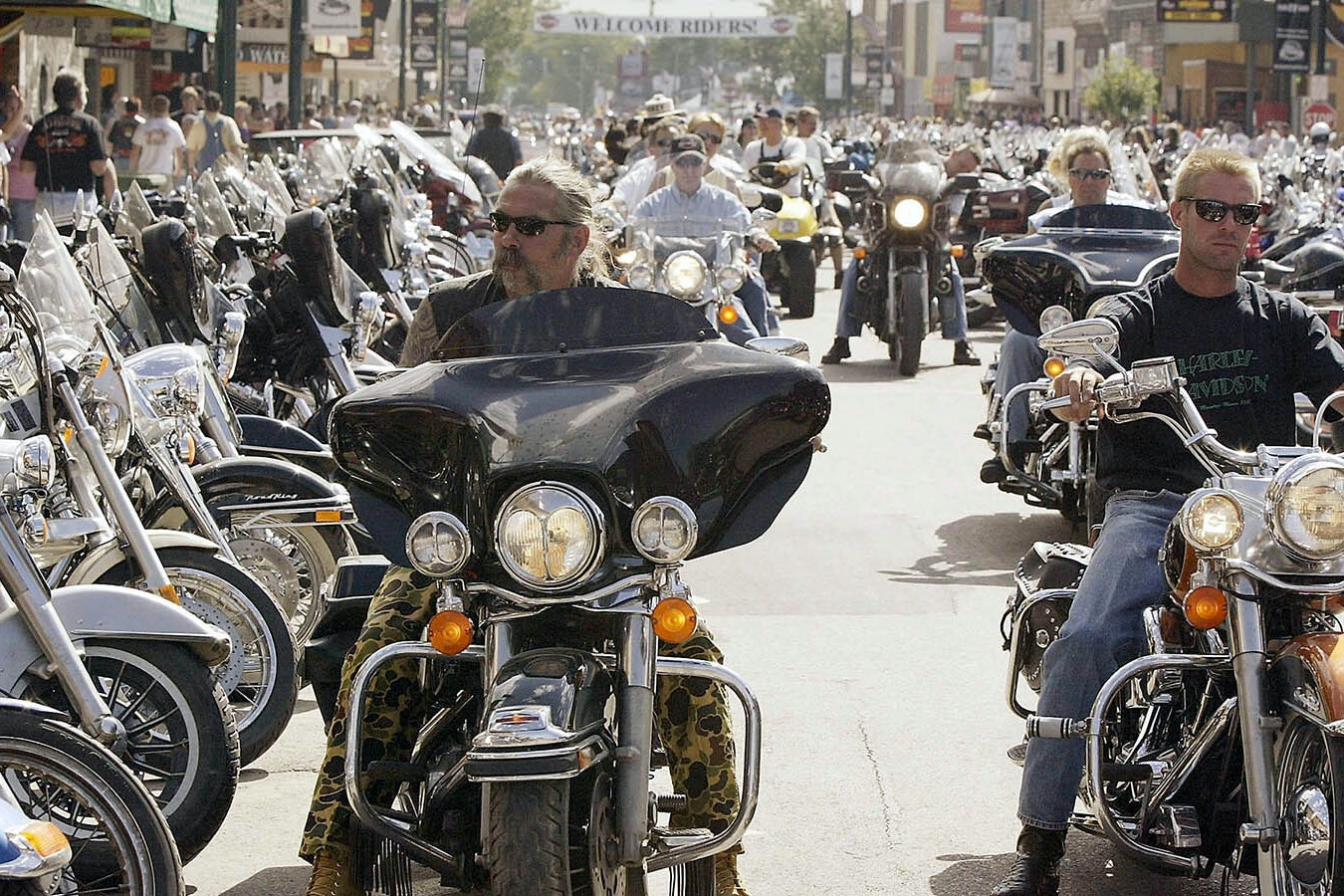 Bikers cruise during the annual Sturgis Motorcycle Rally down Main Street. The weeklong rally attracts an estimated 500,000 people to this town of 7,000 in the southwestern corner of the state.