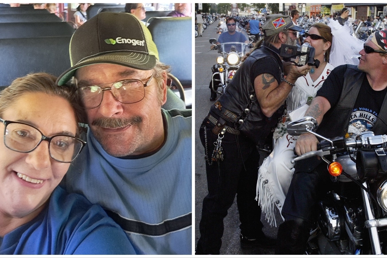 Sheila and Russell Klein, left, had no clue they were honeymooning in the heart of the Sturgis Motorcycle Rally after they married 40 years ago. Now they've returned to celebrate their anniversary. The annual party has hosted many biker weddings over the decades, right.